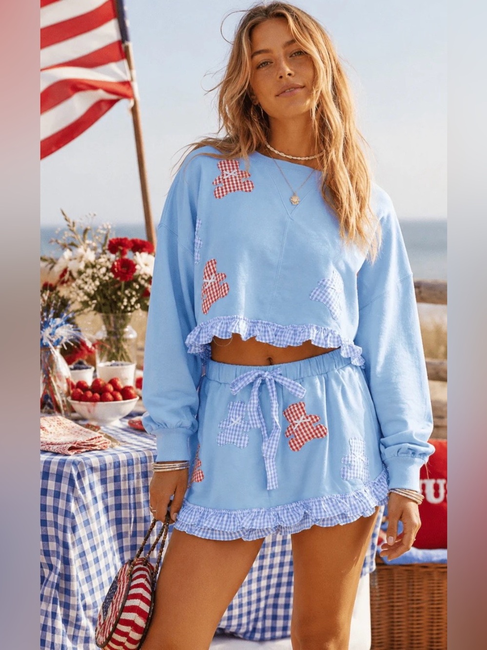 Light Blue Gingham Ruffle Two-Piece Lounge Set ✨